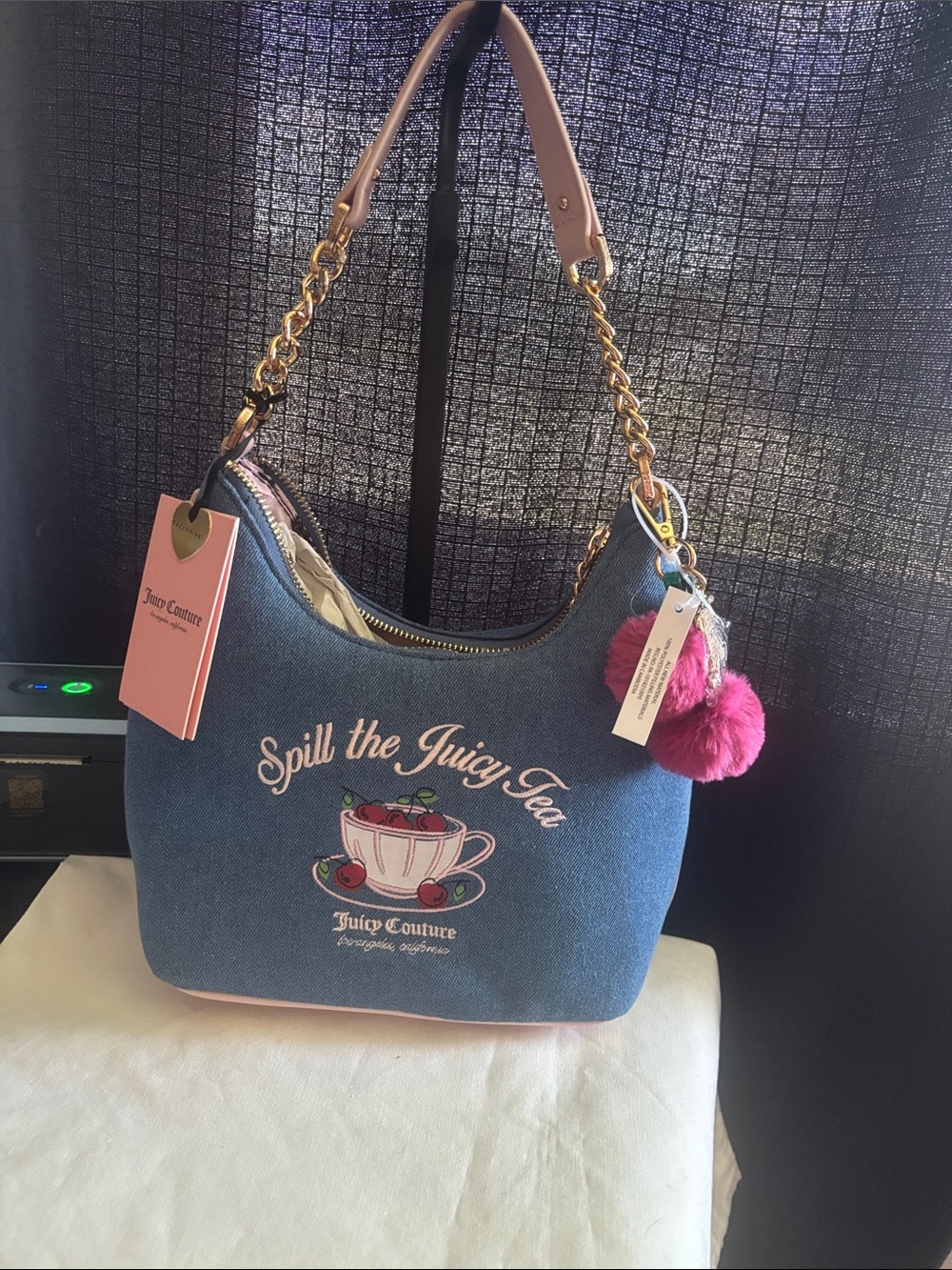 Juicy Couture Blue Denim Shoulder Bag with Pink Accents